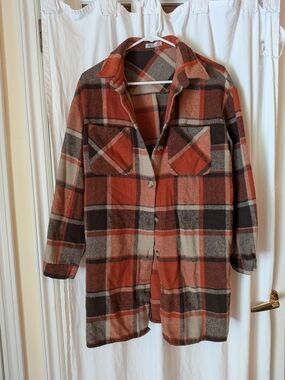 Plaid Button-Front Cardigan Jacket in Rust